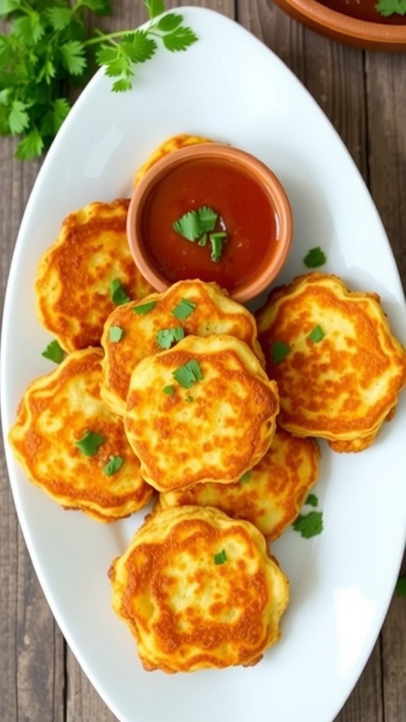 Crispy Cauliflower Fritters Recipe Crispy cauliflower fritters on a plate with herbs and dipping sauce.